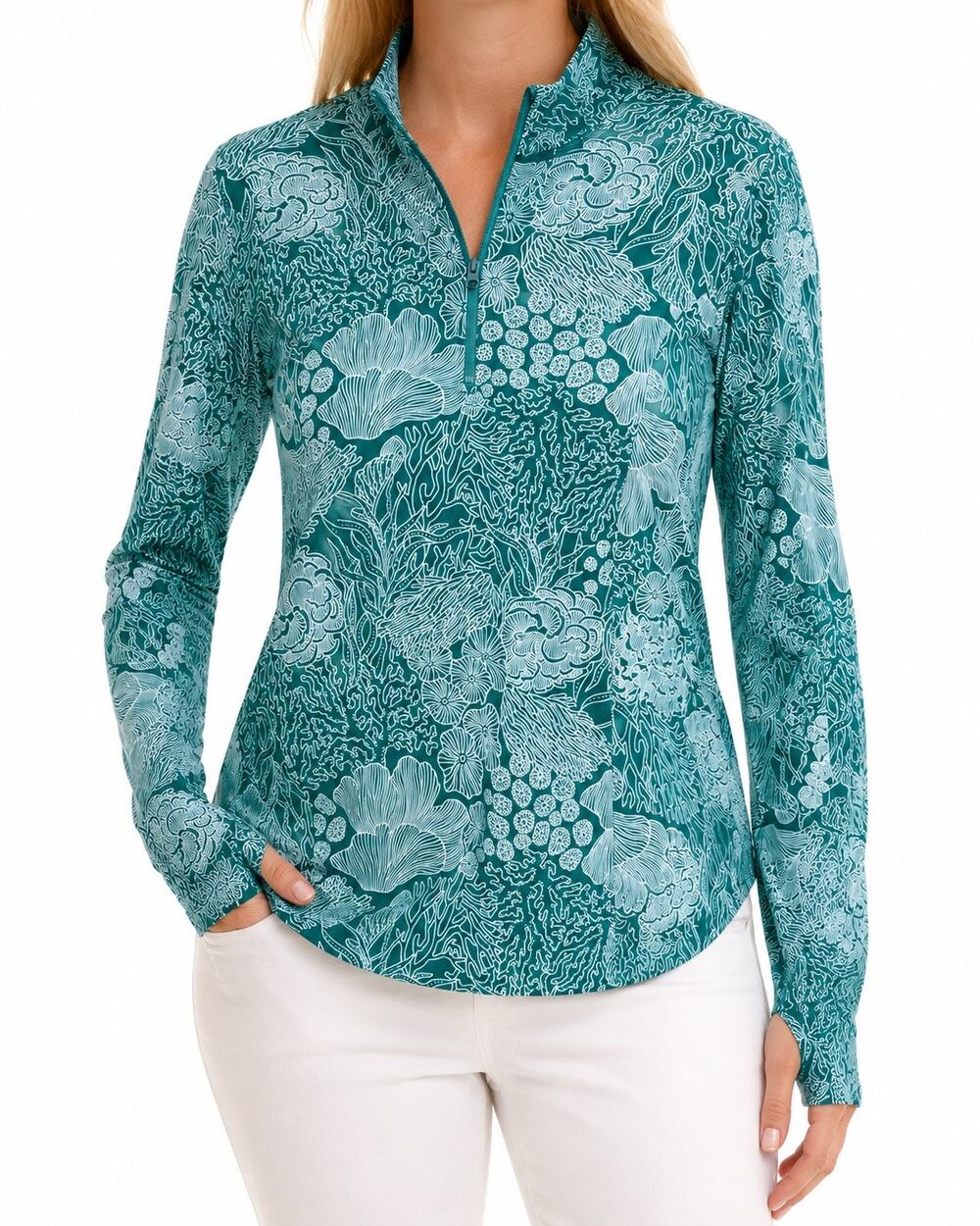 Tommy Bahama Womens Golf Sz Large Tropical Green UPF UV Beach Blouse Shirt Top